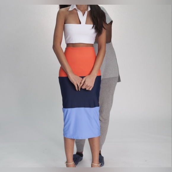 Fe Noel Tri-Color Colorblock Midi Skirt - Orange, Navy, and Blue - Size Medium - Picture 1 of 4